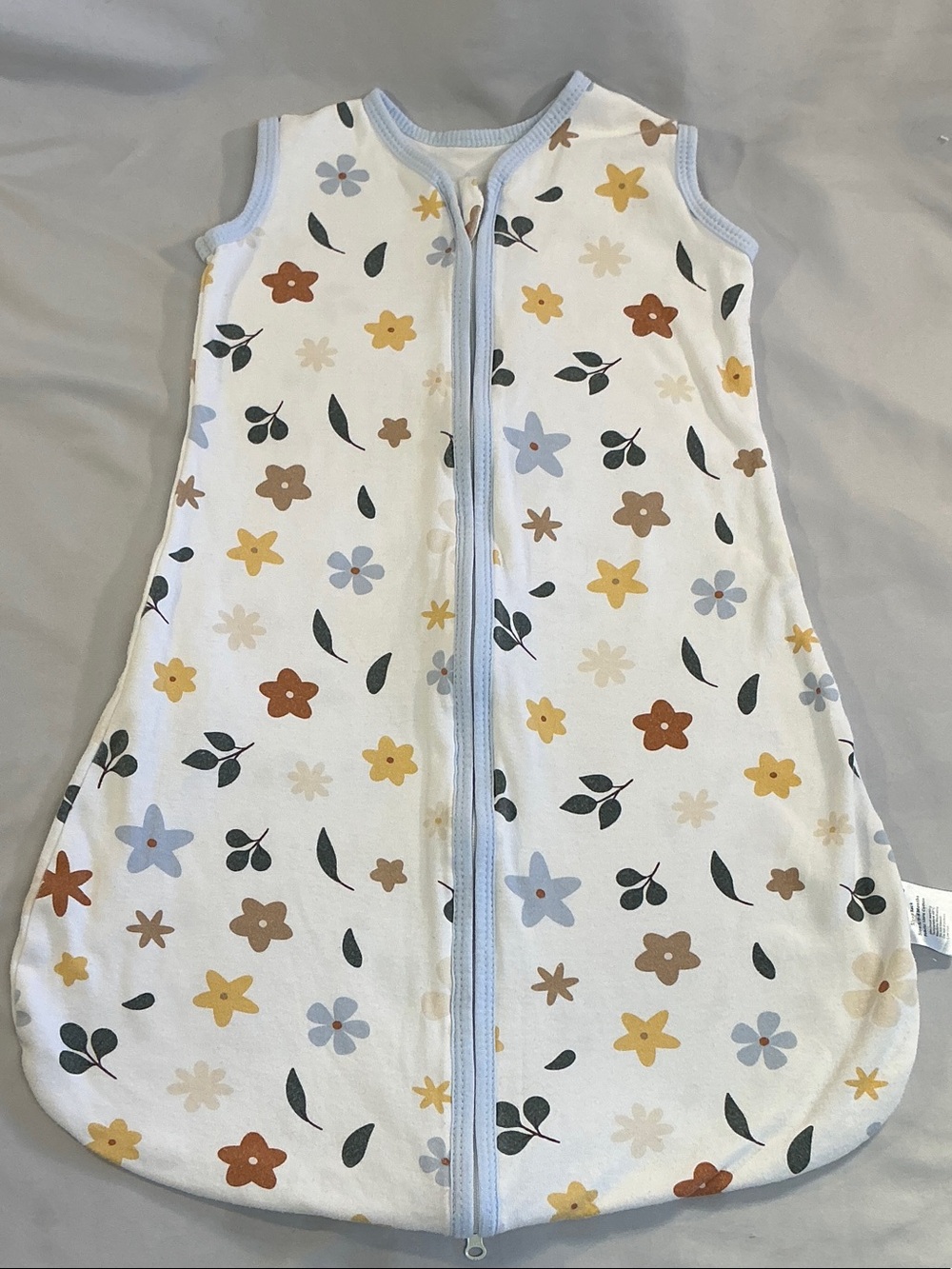 Floral Light Weight Sleeveless Baby Sleep Sack in White with Blue Trim